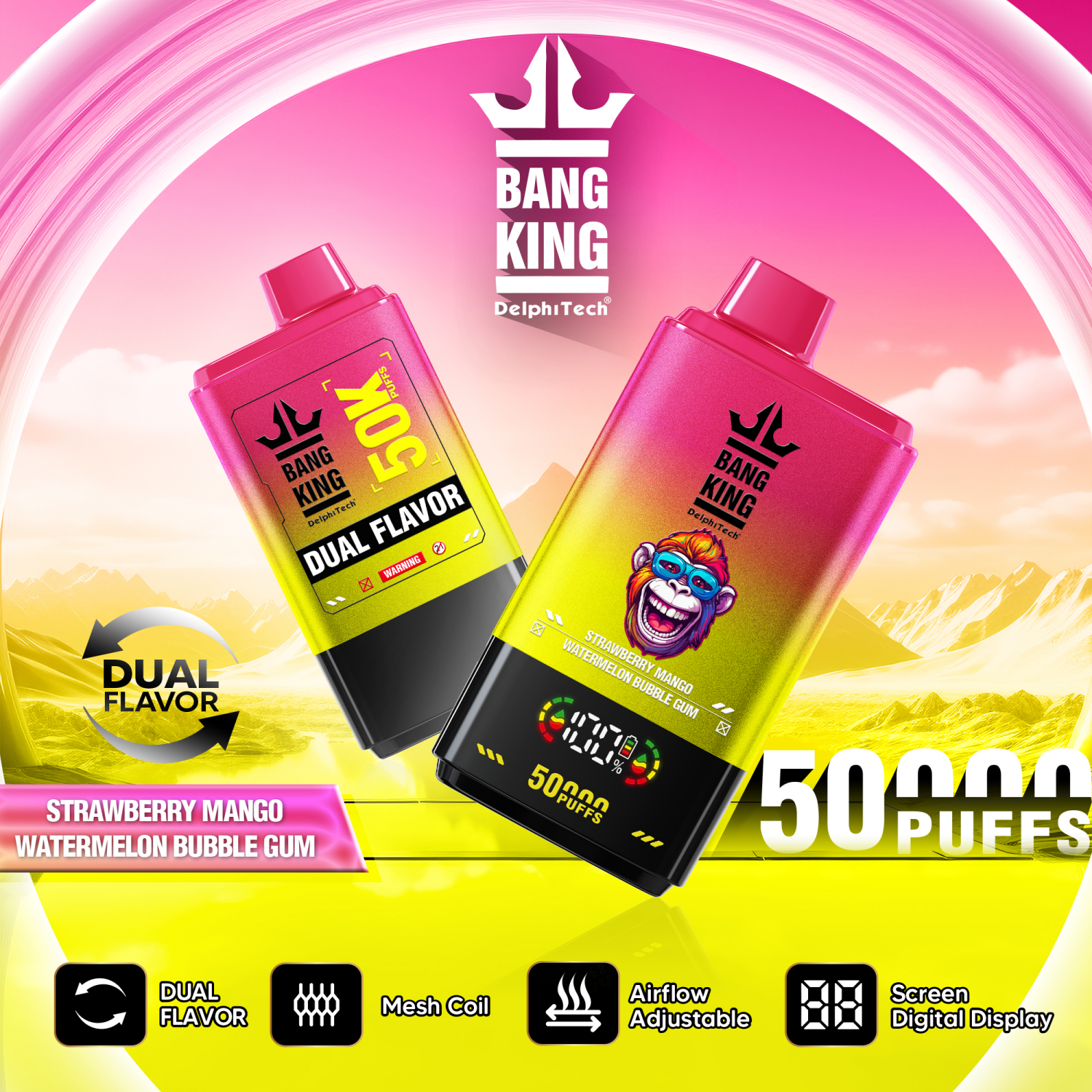 double flavor vape Bang King 50000 50K Puffs Disposable 0% 2% 3% 5% Nicotine 12Tastes with Airflow Control Factory Direct Flavors-:Tropical fruits PO#1859 RAZ RYL Spring Edition