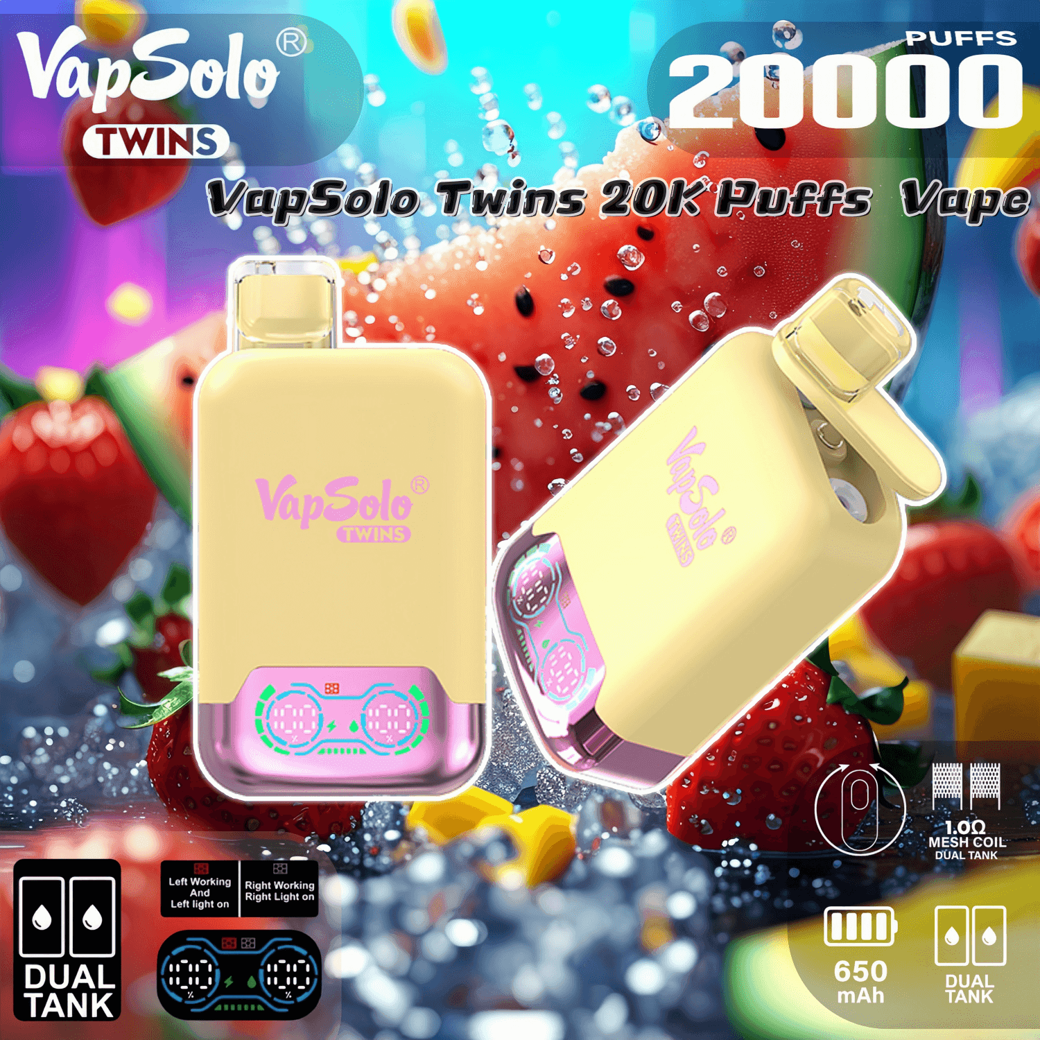 disposable vape with double tanks Vapsolo Twins 20000 20K Puffs Flavor 2% 5% Nicotine 10Tastes Smart Display Screen Factory Direct how to know when generic Strains:Pink Green Krack (Indica)