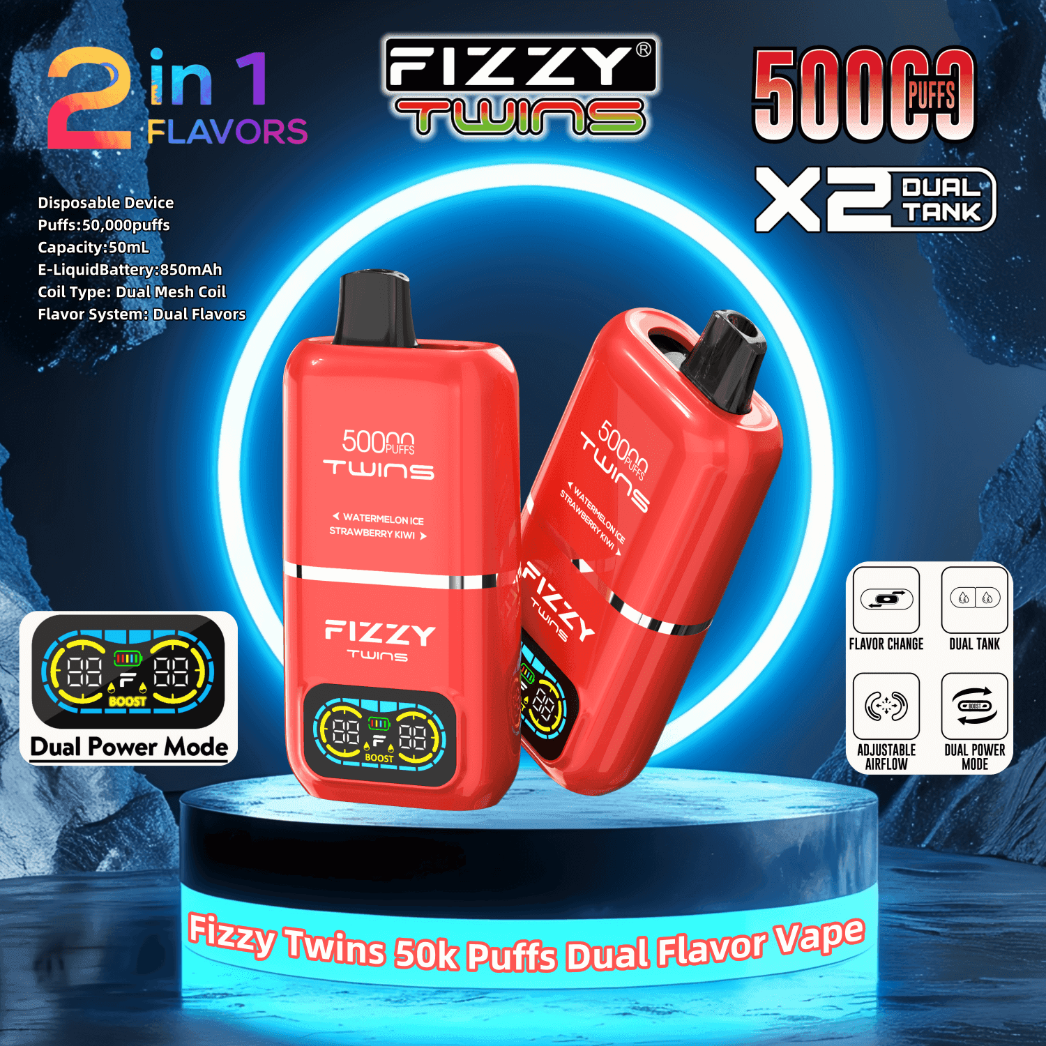 vape with two flavors Fizzy Twins 50000 50k Puffs Dual Disposable 2% 5% Nicotine 12Tastes Smart LED Display Factory Direct suspension VOOPOO Drag 2 User FLAVORS:STRAWMELON