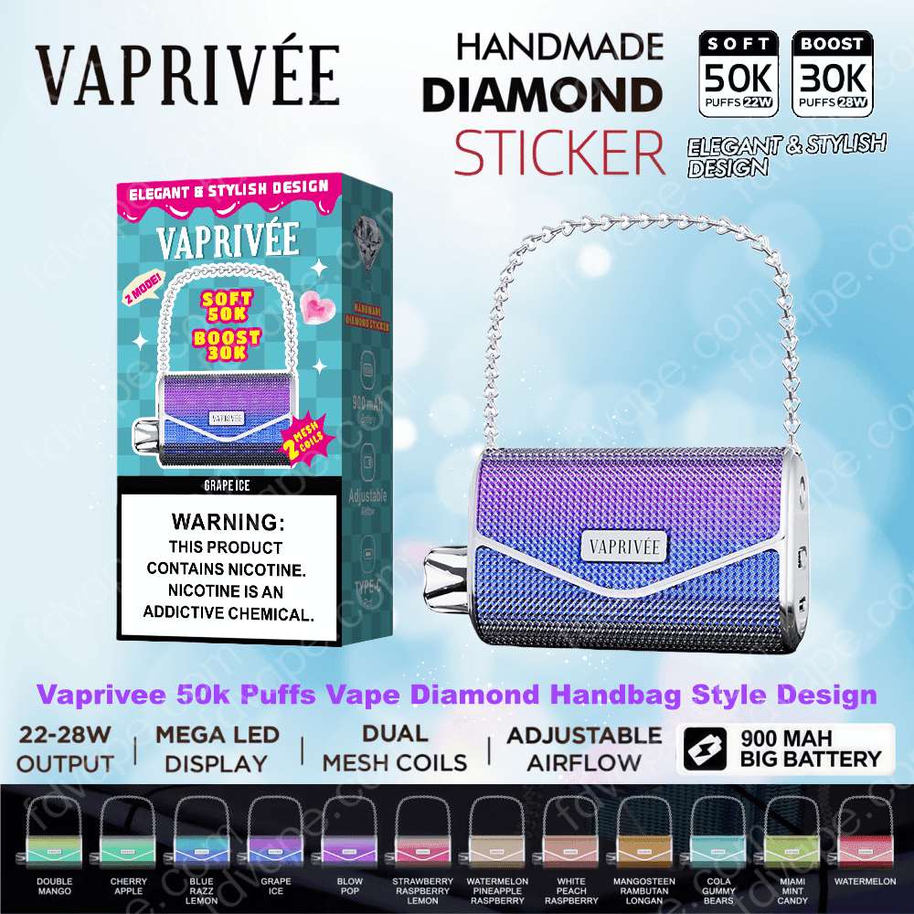 purple blue diamond vape VAPRIVÉE 50000 50K Puffs Dual Mode Disposable Handbag Style Design 12Tastes Vape Factory Wholesale Pink Nicotine Strength:0mg (nicotine free) mad blue lost mary