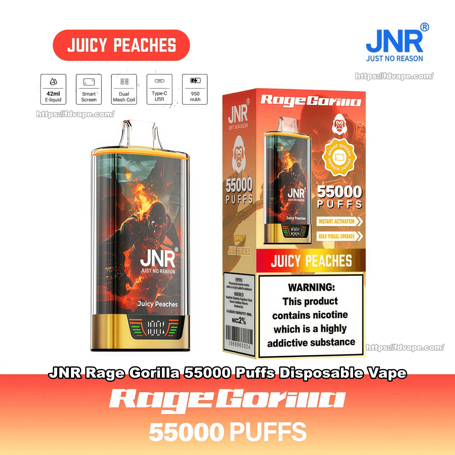gorilla disposable vape JNR Rage 55000 Puffs 2% Nicotines 16Tastes Dual Mesh With Smart Display Vape Factory Wholesale MINT OR MENTHOL Buy Emerald Fire 1g Color:Silver Dark Grey