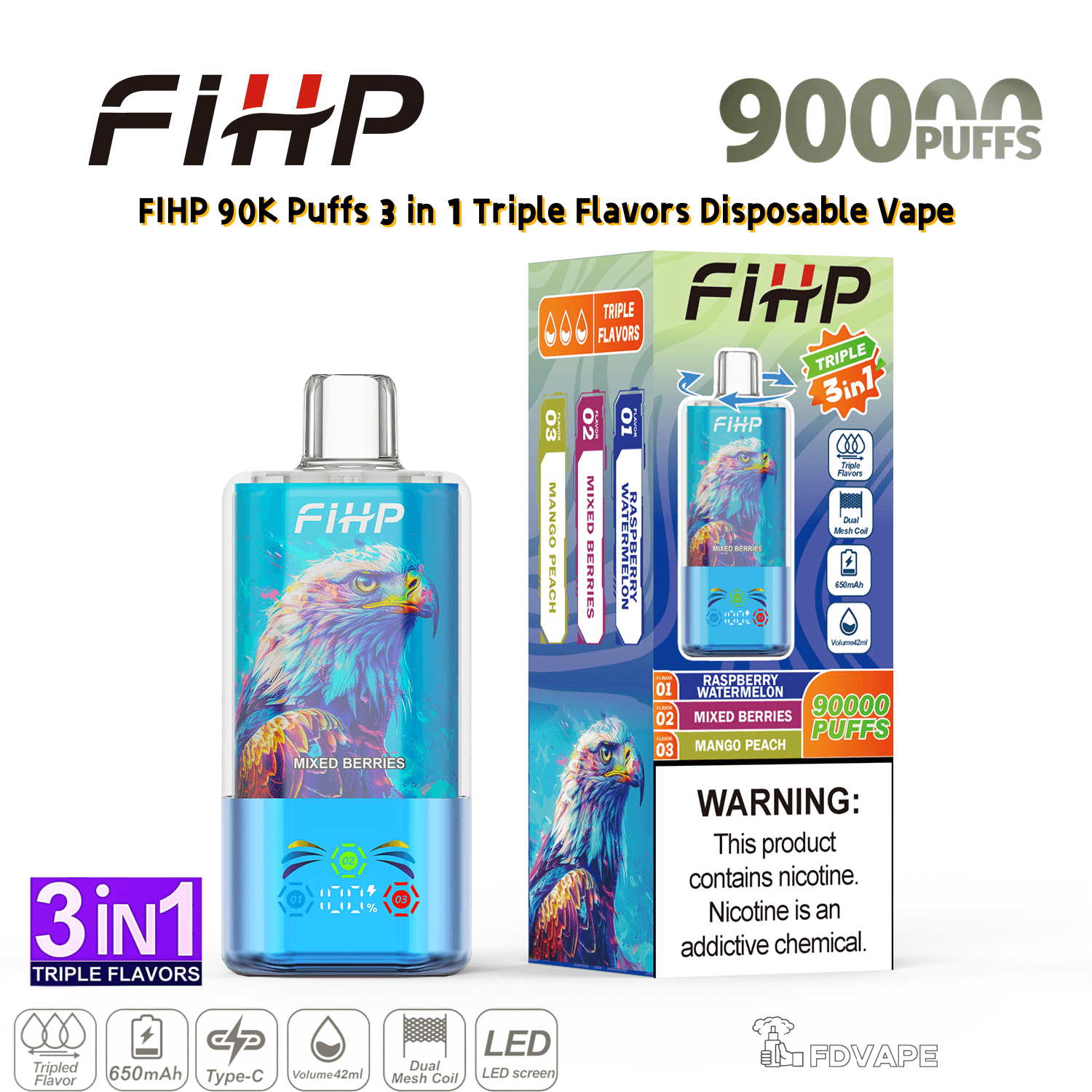 triple flavor vape FIHP 90000 90K Puffs 3 in 1 Flavors Disposable Dual Mesh Coil 2% 5% Nicotines 10Tastes Smart Display Vape Factory Wholesale Mesh Coil Tank Mitten Extracts - 2g Flavor:Strawmelon Chill