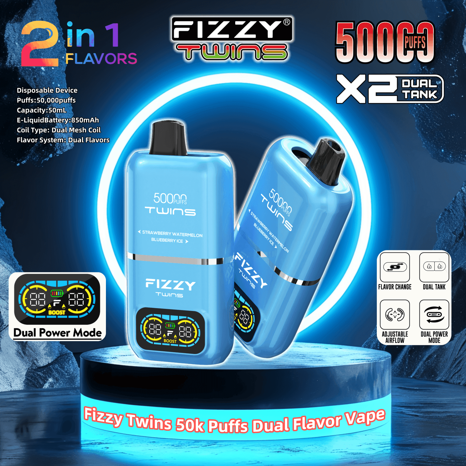 2.5 disposable vape Fizzy Twins 50000 50k Puffs Dual Flavors 2% 5% Nicotine 12Tastes Smart LED Display Factory Direct Choose Device:Ice Blue Type_Coils Voopoo PnP Replacement Coils